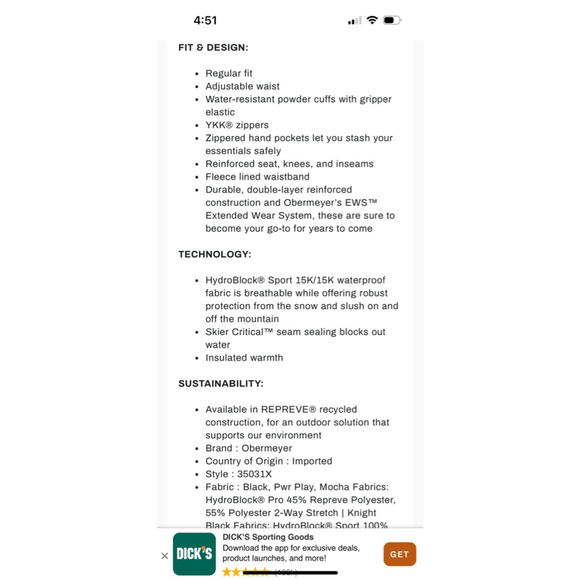 Obermeyer Anya Kids SM size 8 Bib Ski Snowboard Performance Pants like NEW - Picture 6 of 6